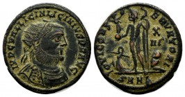 Licinius I. AD 308-324. AE Follis (19mm, 3.00g). Heraklea. Radiate cuirassed bust right. / Jupiter standing left, holding Victory and sceptre, eagle a...