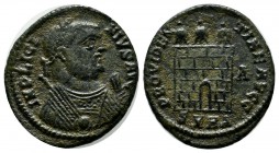Licinius I. AD. 308-324 AD. AE (19mm, 3.14g). Heraclea. IMP LICI-NIVS AVG. Laureate and draped bust right, holding mappa, globe and scepter. / PROVIDE...