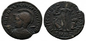 Licinius II, 317-324 AD. AE (18mm-3,78g). Nicomedia. D N VAL LICIN LICINIVS NOB C. Helmeted and cuirassed bust left, holding spear over should, shield...