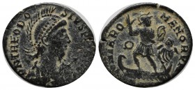 Theodosius I (379-395 AD). AE (21mm, 4.14g). D N THEODOSIVS P F AVG. Pearl-diademed, helmeted, draped and cuirassed bust right, holding spear and shie...