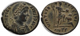 Theodosius I (379-395), AE (21mm, 4.68g) Antiochia. D N THEODO - SIVS P F AVG, diademed, draped and cuirassed bust right. / VIRTVS E - XERCITI, empero...