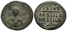 Anonymous (attributed to Romanus III). AD 1028-1034. AE Follis (28mm, 11.11g). Constantinople. AD 1028-1034. + ЄMMANOVHΛ. Nimbate bust of Christ facin...