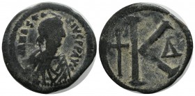 Anastasius I, AD 491-518. AE Half follis (28mm, 8.64g) , Constantinople, AD 498-518. D N ANASTASIVS P P AVG. Pearl-diademed, draped and cuirassed bust...
