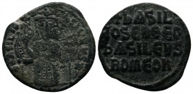 Basil I. 867-886 AD. AE Follis, (24mm-4,67g). Constantinople. + BASILIOS bASILEVS ✱. Basil enthroned facing, wearing crown and loros, holding labarum ...