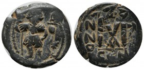Heraclius, 610-641 AD. AE Follis (26mm, 6.87g) Constantinople mint.Officina A. Heraclius and Heraclius Constantine standing / Large M, cross above. S....