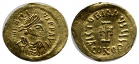 Heraclius. 610-641. AV Tremissis (15mm, 1.45g). Constantinople mint. Struck 610-613. Diademed, draped, and cuirassed bust right / Cross potent; CONOB....