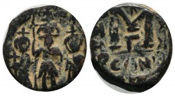 Heraclius. AD.610-641. AE follis (20mm, 4.30g). Constantinople mint. Heraclius, Heraclius Constantine, and Martina, all standing facing, each wears a ...