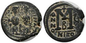 Justin II and Sophia, AD 565-578. AE 40 Nummi (30mm, 14.75g). Nicomedia, year 5 (569/70). Justin and Sophia seated facing on double throne, holding gl...