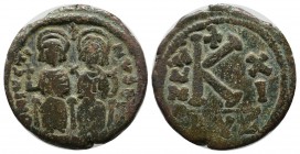 Justin II with Sophia. 565-578. AE Half Follis (22mm, 5.56g). Cyzicus mint. Dated RY 11 (575/6). Justin, holding globus cruciger, and Sophia, holding ...