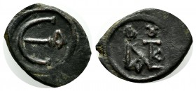 Justin II. AD 565-578. AE Pentanummium (19mm, 1.99g). Thessalonica mint, 1st officina. Large Є; A to right. / Monogram of Justin. DOC 60a; MIBE 45; SB...