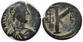 Justinian I. AD 518-527. AE 20 Nummi (25mm, 8.07g). Nicomedia mint, 2nd officina. N [IVSTI NYS P AVC], diademed, draped, and cuirassed bust right; cro...