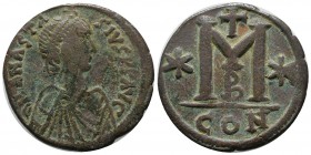 Justinian I. AD 518-527. AE Follis (33mm, 17.24g). Constantinople mint, 2nd officina. Diademed, draped, and cuirassed bust right. / Large M; cross abo...