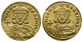 Leo III the "Isaurian", with Constantine V, 717-741. AV Solidus (20mm, 4.42g), Constantinople, circa 725-732. d N D LЄON P A MЧLH Crowned and bearded ...
