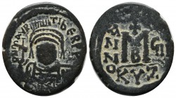 Maurice Tiberius. AD 582-602. AE Follis (28mm, 11.50g). Cyzicus mint. Dated year 8=589-590 AD. Crowned and cuirassed bust facing, holding globus-cruci...