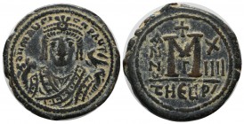 Maurice Tiberius. AD 582-602. AE Follis (29mm, 11.24g). Theoupolis (Antioch) mint, 3rd officina. Dated RY 14 (595/6). Crowned bust facing, wearing con...