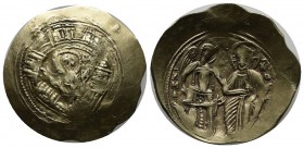 Michael VIII Palaeologus. AD 1261-1282. AV Hyperpyron (27mm, 4.28g). Constantinople mint. The Theotokos, orans, within city walls with six towers; MHP...