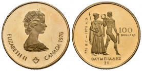 CANADA. 100 Dollars. (Au. 16,96g/27mm). 1976. Juegos Olímpicos de Montreal. (Km#116). PROOF. Incluye estuche y certificado oficial.