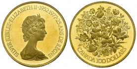 CANADA. 100 Dollars. (Au. 16,96g/25mm). 1977. 25 Aniversario del acceso al trono de la Reina Isabel II. (Km#119). PROOF. Incluye estuche y certificado...