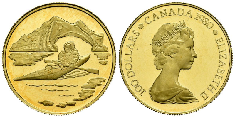 CANADA. 100 Dollars. (Au. 16,96g/27mm). 1980. Territorios Árticos. Inuit en Kaya...