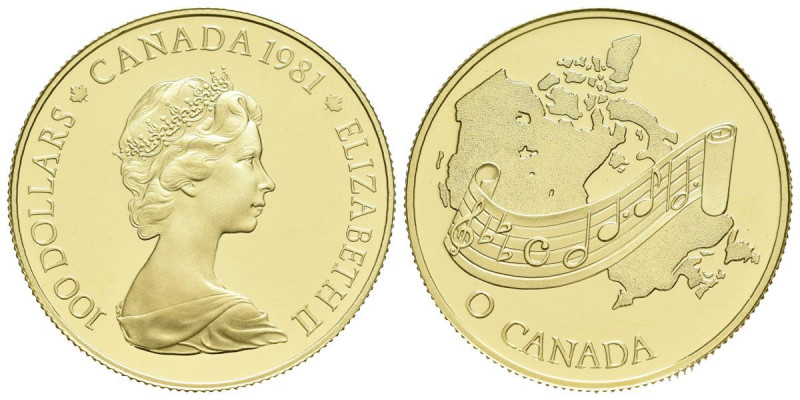 CANADA. 100 Dollars. (Au. 16,92g /27mm). 1981. National Anthem. (Km# 131). PROOF...