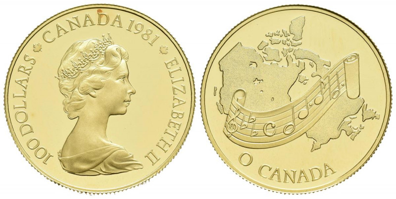 CANADA. 100 Dollars. (Au. 16,92g /27mm). 1981. National Anthem. (Km# 131). PROOF...