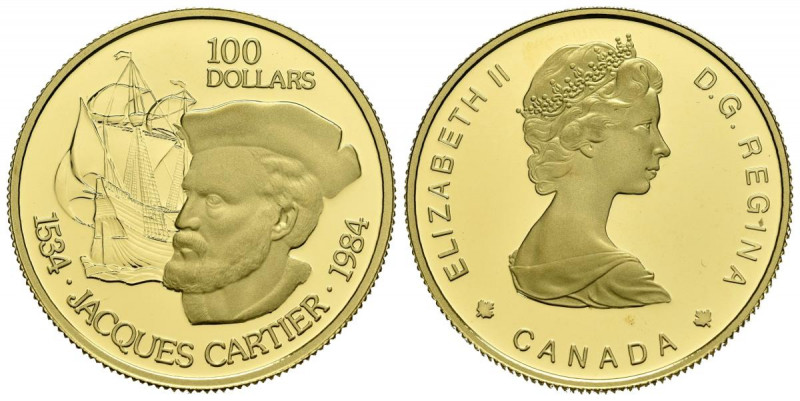 CANADA. 100 Dollars. (Au. 16,96g/27mm). 1984. Jacques Cartier. (Km#142). PROOF. ...