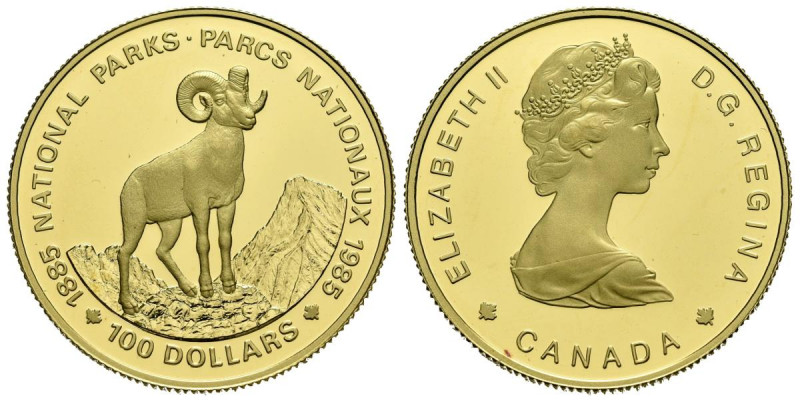 CANADA. 100 Dollars. (Au. 16,96g/27mm). 1985. Centenario de los Parques Nacional...