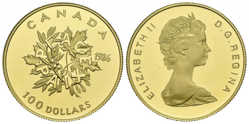 CANADA. 100 Dollars. (Au. 16,96g/27mm). 1986. Año Internacional de la Paz. (Km#1...
