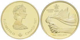 CANADA. 100 Dollars. (Au-Ar. 13,19g/27mm). 1987. Olimpiadas Cagliari 1988. (Km#158). PROOF. Composición en oro 58,3%.