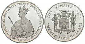 JAMAICA. 25 Dollars (Ar. 136,34g/63mm). 1979. X Aniversario de la Investidura del Príncipe Carlos. (Km#73). PROOF. Incluye estuche y cápsula.