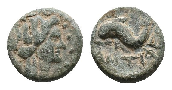 Uncertain, Rv: Dolphin ANTIΦE, AE 1,05gr