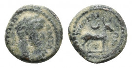 PAMPHYLIA. Perge. Antoninus Pius (138-161). AE 1,46gr. Obv: KAICAP ANTΩNЄI[. Laureate head right. Rev: ΠЄPΓAIΩN. Stag standing right; crescent above. ...