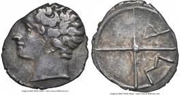 GAUL. Massalia. Ca. 1st century BC. AR obol (10mm, 8h). NGC VF. Ca. 100-50 BC. Bare head of Apollo left; dotted border / MA, legend within two spokes ...