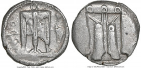 BRUTTIUM. Croton. c.480-430 BC. AR Stater (21mm, 7.94 gm, 11h). NGC Choice XF 4/5 - 4/5. PO (retrograde), tripod with leonine feet; heron standing lef...