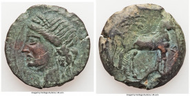CARTHAGE. Zeugitana. Ca. 221-210 BC. AE trishekel (29mm, 20.62 gm, 12h). Fine. Second Punic War, ca. 220-215 BC. Head of Tanit left, wreathed with gra...
