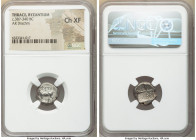 THRACE. Byzantium. Ca. 387-340 BC. AR siglos or drachm (14mm). NGC Choice XF. Chian standard. ΠY, bull standing left on dolphin left, right foreleg ra...