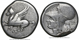 ACARNANIA. Anactorium. Ca. 350-300 BC. AR stater (20mm, 8.37 gm, 9h). NGC Fine 5/5 - 3/5. Pegasus flying left, AN monogram below / Helmeted head of At...