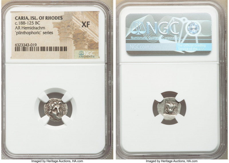 CARIAN ISLANDS. Rhodes. Ca. 188-125 BC. AR hemidrachm (13mm, 1h). NGC XF. Plinth...