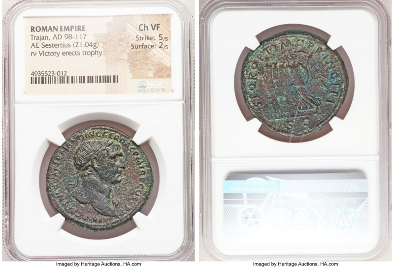 Trajan (AD 98-117). AE sestertius (33mm, 21.04 gm, 6h). NGC Choice VF 5/5 - 2/5....