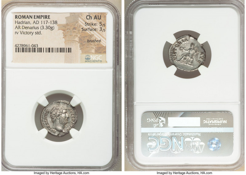 Hadrian (AD 117-138). AR denarius (18mm, 3.30 gm, 7h). NGC Choice AU 5/5 - 3/5, ...