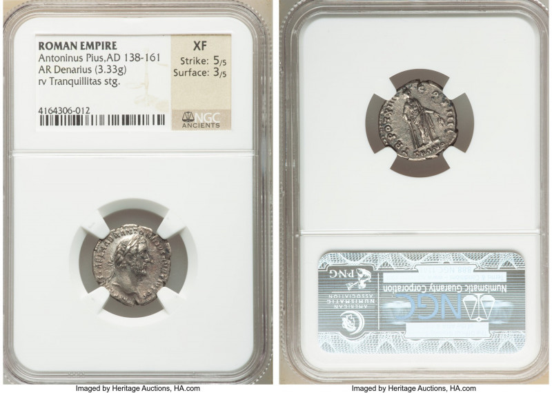 Antoninus Pius (AD 138-161). AR denarius (18mm, 3.33 gm, 5h). NGC XF 5/5 - 3/5. ...