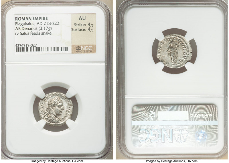 Elagabalus (AD 218-222). AR denarius (18mm, 3.17 gm, 5h). NGC AU 4/5 - 4/5. Rome...