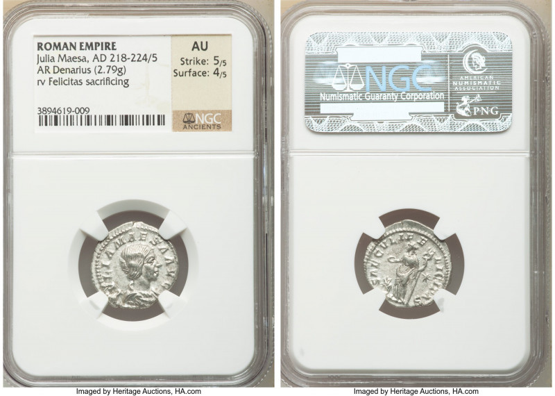 Julia Maesa (AD 218-224/5). AR denarius (19mm, 2.79 gm, 12h). NGC AU 5/5 - 4/5. ...