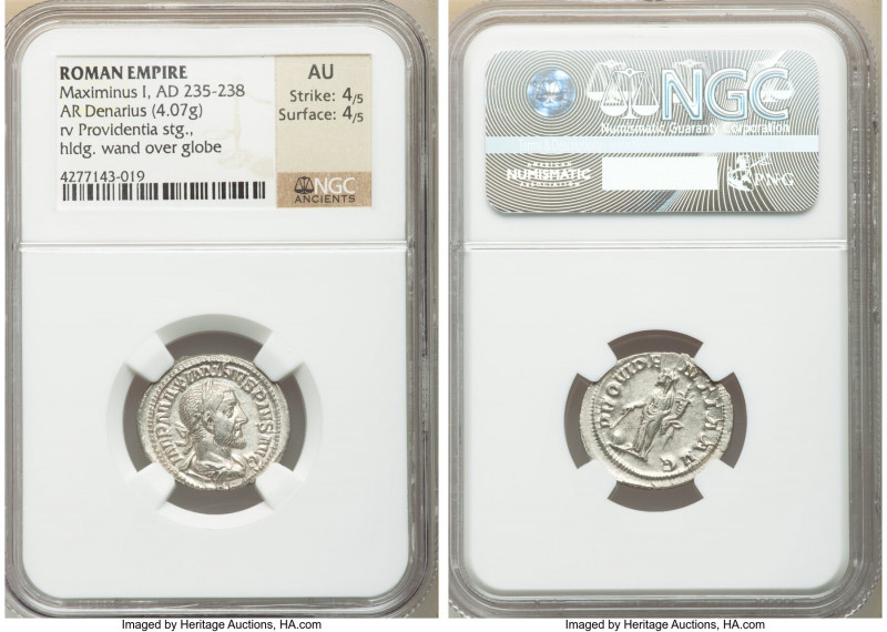 Maximinus I (AD 235-238). AR denarius (20mm, 4.07 gm, 1h). NGC AU 4/5 - 4/5. Rom...