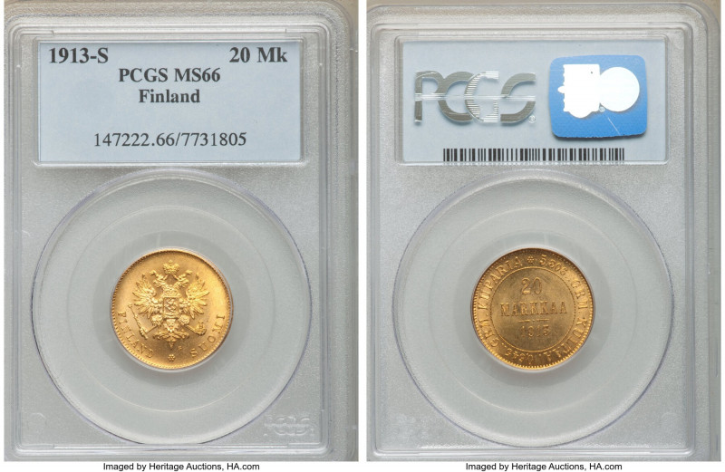 Russian Duchy. Nicholas II gold 20 Markkaa 1913-S MS66 PCGS, Helsinki mint, KM9....