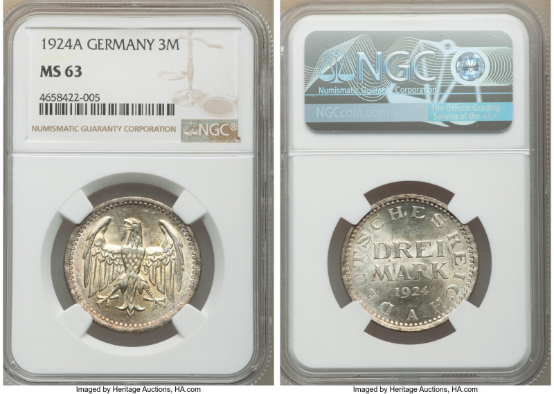 Weimar Republic 3 Mark 1924-A MS63 NGC, Berlin mint, KM43.

HID09801242017

...