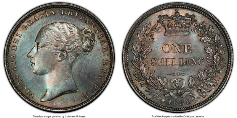 Victoria Shilling 1838-WW MS65 PCGS, KM734.1, S-3902. Heavy gunmetal toned, bold...