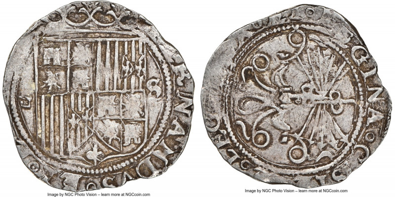 Ferdinand & Isabella Real ND (1474-1504) D-S AU53 NGC, Seville mint, Cal-440. 3....