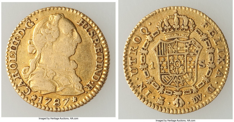 Charles III gold Escudo 1787 M-DV VF (Scratches), Madrid mint, KM416.2a.

HID0...