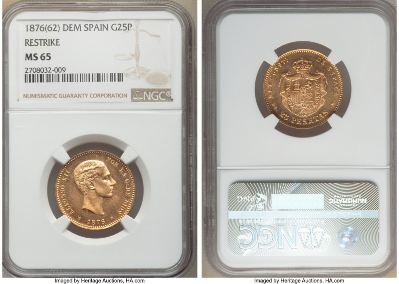 Alfonso XII gold Restrike 25 Pesetas 1876(62) DE-M MS65 NGC, Madrid mint, KM673....